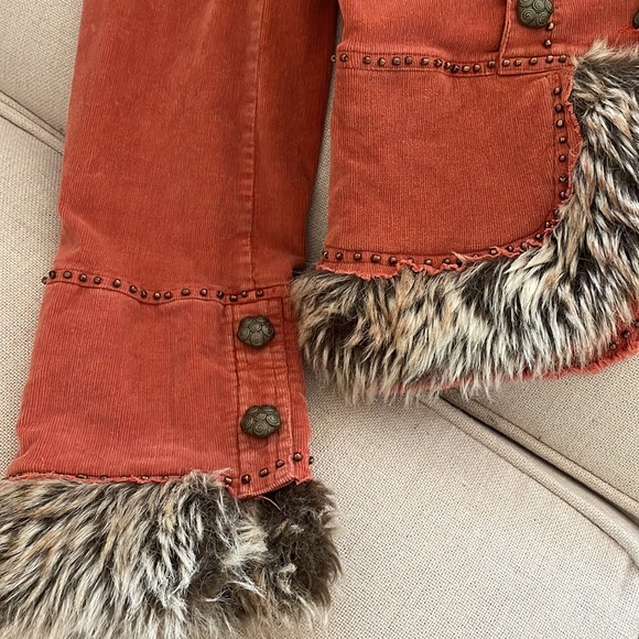 Corduroy jacket. Fur cuffs. pumpkin color with brass studs & buttons. So unique! - Picture 2 of 10
